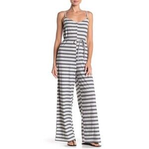 NSR Sleeveless Rib Knit Jumpsuit In White, Grey And Black Stripe Size S